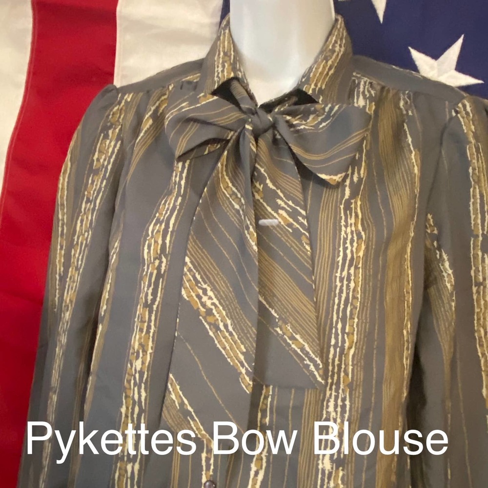 VTG 70s 80s Sz 12 Pykettes Pussy Bow Blouse Slate Blue Gold Long Sleeve